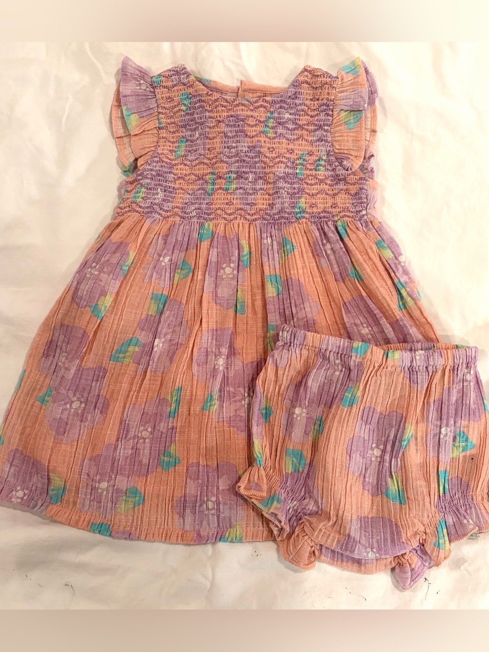 JoJo Maman Bebe gauzy smocked floral dress w/ bloomers lined sz 3-6 months NWT